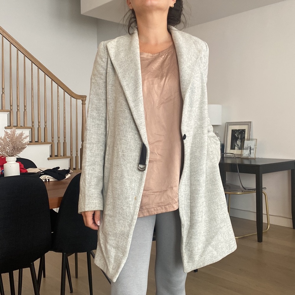Light Grey Melange oversized coat with shawl collar and twill tie closure